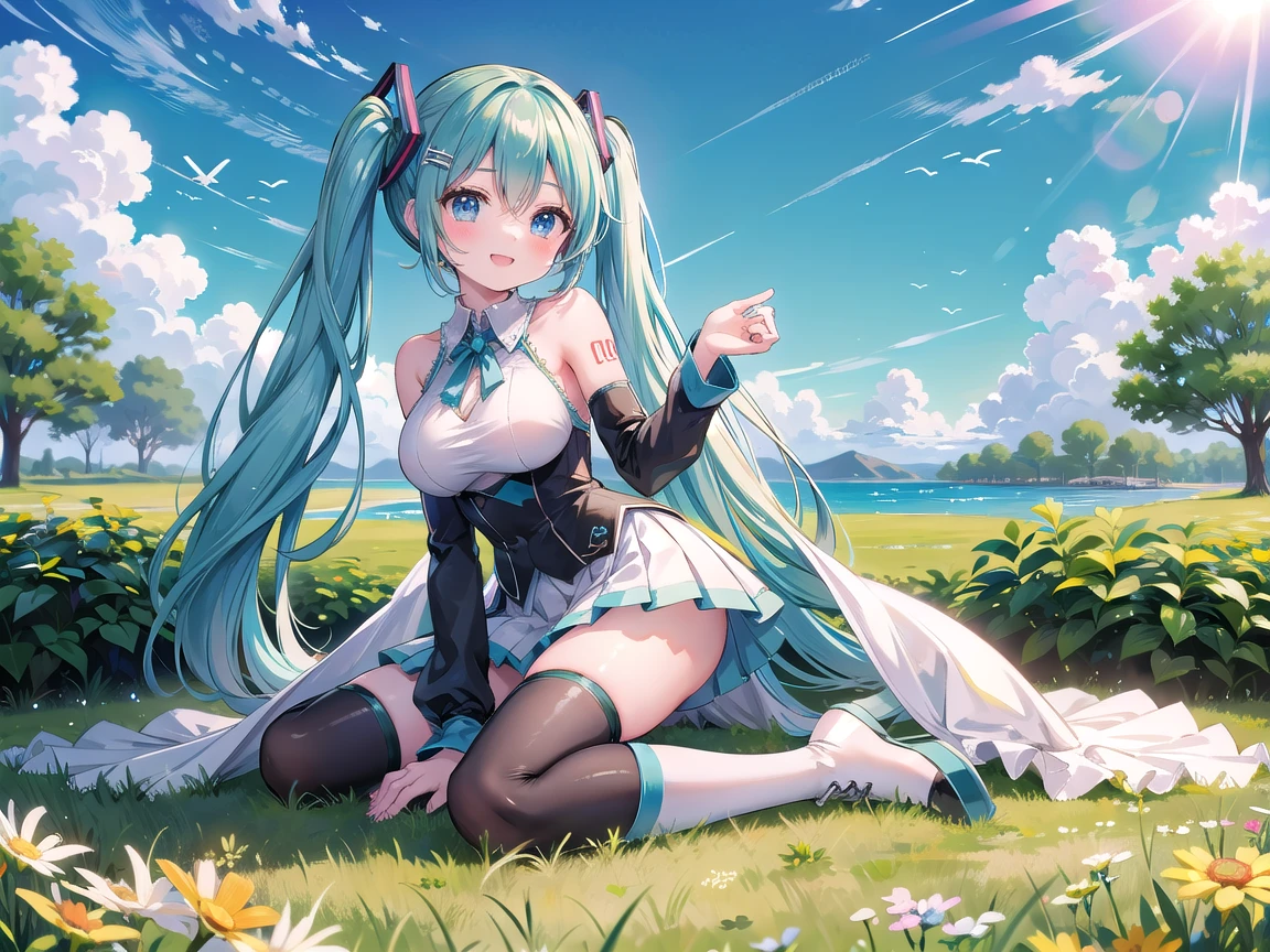 、Kindergarteners、、6 years old、、 of、hatsune miku、one person,nature,null, cloud, hatsune miku, embarrassing expression,embarrassing,blush,huge breasts,squatting with legs apart,striped underwear,I can see through my clothes,pussy,pussy,open your legs,Cloudy love juice