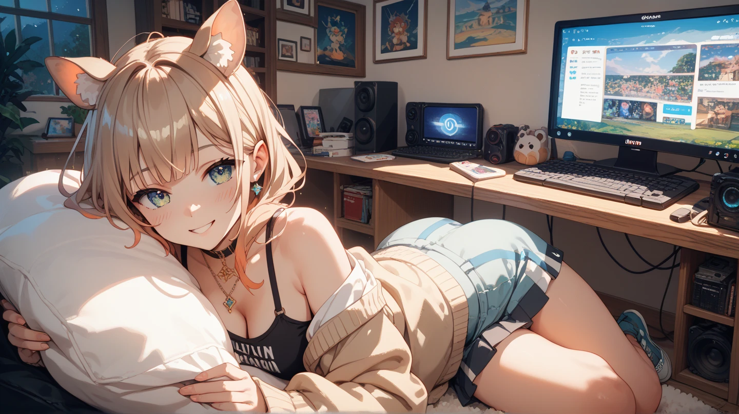 Create a high-quality, detailed image of a beautiful, anime cat girl and short hair, beautiful eyes, sitting at her gaming PC in her gaming room. She is wearing a tank top, barely showing her ???????, and sleep shorts, showing her midriff, highlighting her stunning curves. The warm, inviting scene includes soft ambient lighting, comfortable seating, The setting is illuminated by a small lamp, creating a serene and intimate atmosphere
