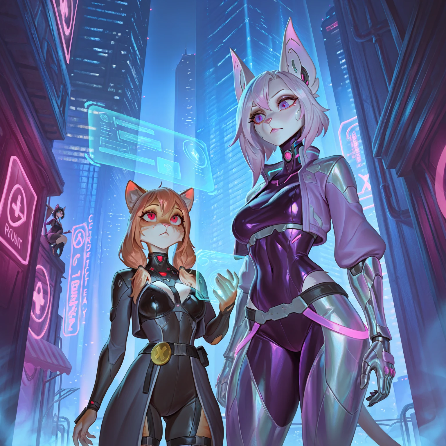 2 elf girls, 22 years old, multicolor hair, space buns, cat ears, jungle, fireflies, full body, extreme abs, cute face, smiling, naked, nude, tattoos, fluorescent, magical scene, beautiful, fashion, splash of color, paint splatter, rainbow lights, world of warcraft, serene jungle, red fireflies, purple glow, 2 elf females, nudist, 20 years old, multicolor hair, cat ears, cyberpunk city, future, aliens, people, extreme abs, cute face, streets, graffiti, tattoos, no pants, slim, muscular, neon signs, no clothes,