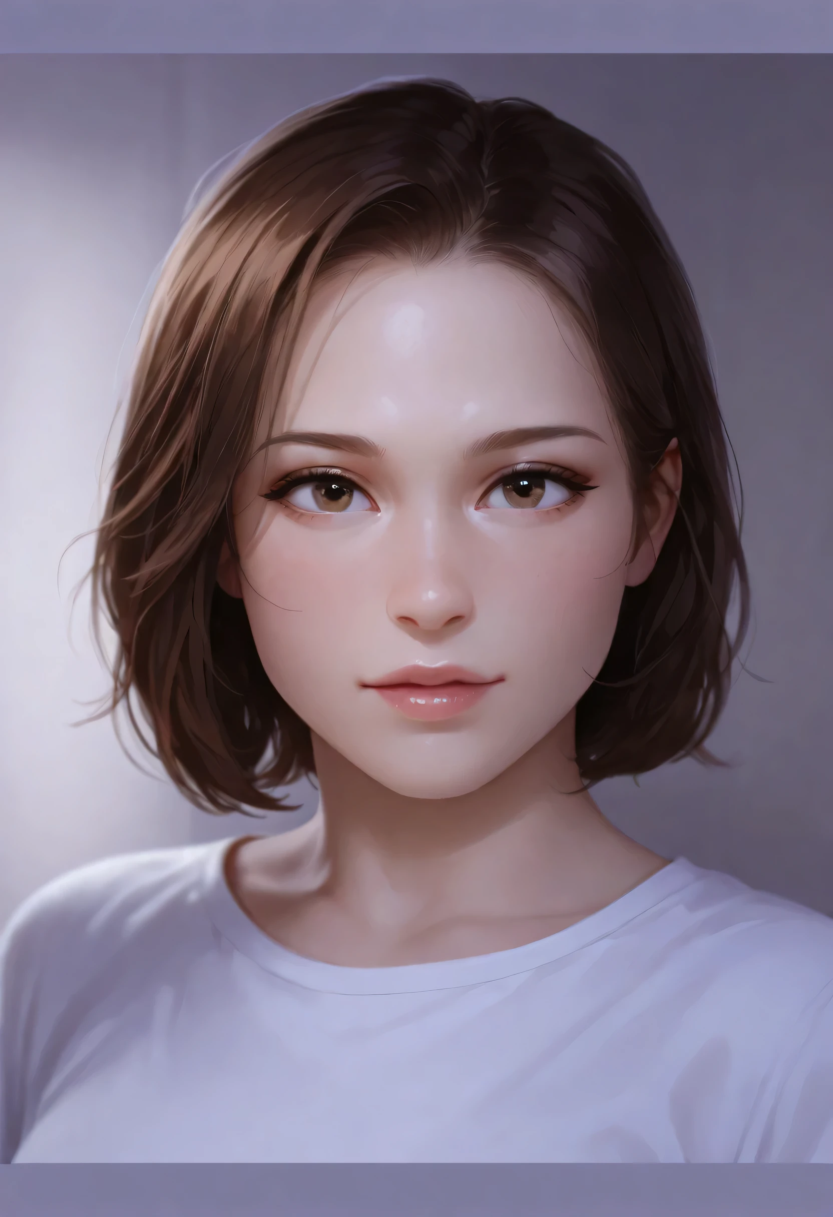 a close up of a woman with a white shirt and brown hair, portrait sophie mudd, accurate ultra realistic faces, photorealistic beautiful face, ultra - realistic faces, hyperrealistic beautiful face, ultra realistic faces, beautiful realistic face, young female face, realistic perfect face, hyper realistic faces, realistically rendered face, photorealistic faces, hyperrealistic ****, ultra realistic faceHD, (best detail), (best quality), Two-dimensional,
