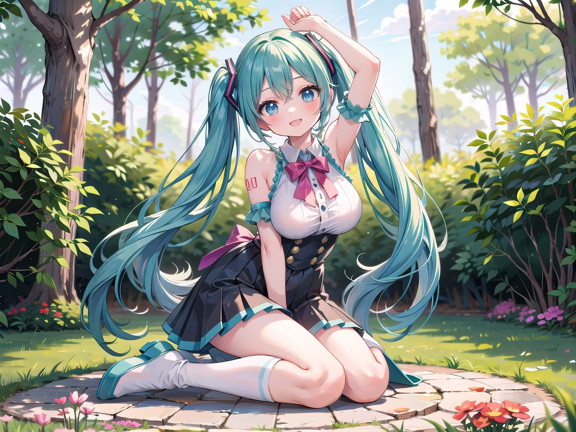 masterpiece, highest quality, High resolution, Long Hair, Short skirt、Drooping eyes,Outdoor,barefoot,Looking up,Embarrassed face,Angle from below、Big Breasts,Spread your legs、Hatsune Miku Cosplay、White underwear、See-through、Witch costume