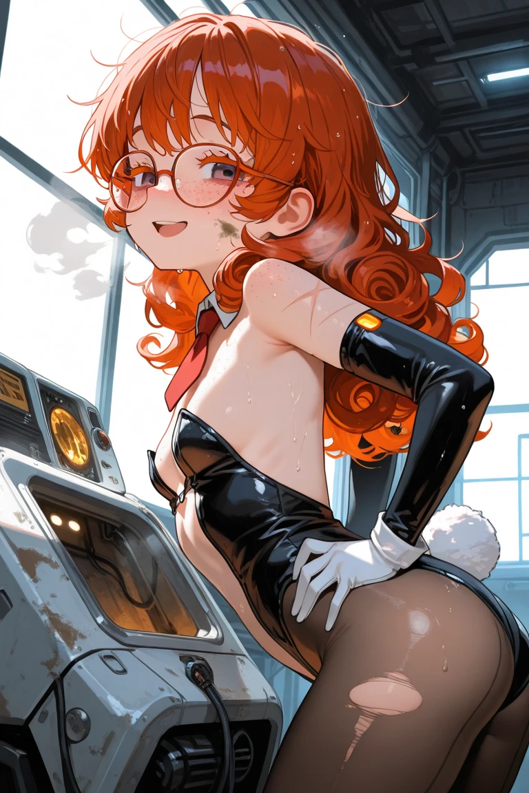nsfw,(super fine illustration,8K CG wallpaper,best quality,extremely detailed,ultra high res,best aesthetic),(cowboy shot,from front),idolmaster, {{{hina araki}}}, (20yo, beautiful girl), (beautiful brown eyes),((beautiful orange hair)), ((short hair)), (((green rim glasses))), (wet hair), (wet skin), ((sweat)), ((steam)), (flat chests,large breasts), (tall), (slender), (((green and white cyber suit))), ((open clothes)), ((pubic orange hair:1.5)), ((on stage)), ((((spread legs)))),((spread pussy:1.3)),(open mouths), (a big smile), ((stick out tongue)),(feel good), (one eye closed),(blush),(singing),((have a microphone)),((headset)),(cum on body:1.1),