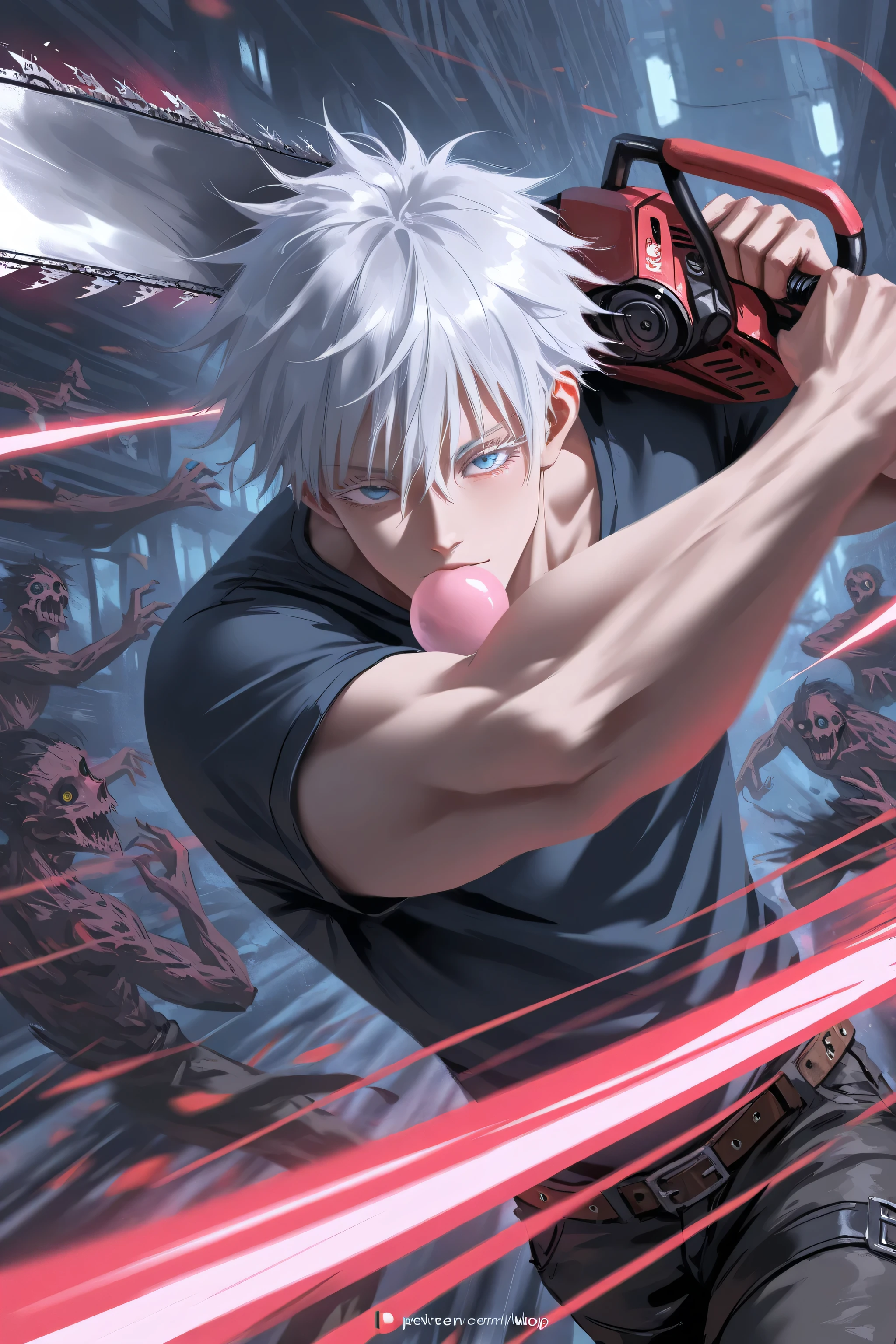 wlop, rella, anime style, 1man, adult, male focus, gojou satoru, jujutsu kaisen, white hair, short hair, ((hair between eyes)), colored eyelashes, white eyelashes, blue eyes, intricate eye iris, detailed eyes, muscular male, sexy man, handsome man, handsome face, chewing gum, bubble gum, oversize tshirt, cargo pants, Rocky belt with rivets, cool_man_style, cool man, stylish man, handsome man,, squinting eyes, chainsaw in both hands, (holding chainsaw:1.2), energy, (((slashing viewer, many slashing lines))), cool pose, dynamic pose, motion lines, glowing movement lines, dynamic angle, action scene, motion blur, masterpiece, best quality, amazing quality, very aesthetic, absurdres, newest, dynamic concentration line, perspective, zombie apokalypse, zombies around