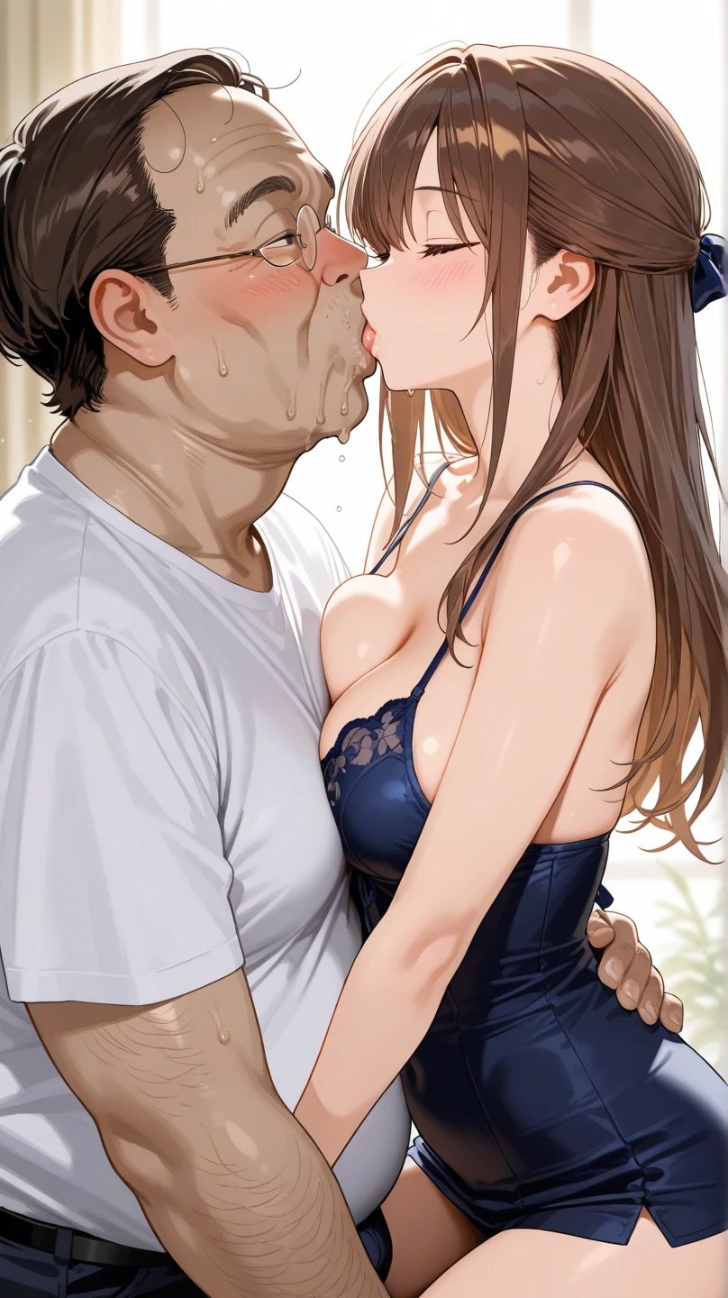 (masterpiece:1.4)、(1male people:1.9)、1girl、,(:1.2),high school student,beautiful girl,(short ponytails:1.2),akb48,nogizaka46,sailor suit,high ,(A father is touching his delicate girl's crotche:1.9)、student clothes、a closeup、Lying in bed、Father touching the crotch of delicate girl、(Cute 15-year-old delicate girl with semi-long hair and 50-year-old father with short hair)obscenity:1,2、Metamorphosis:1,2、NSFW:1,2、caress:1,2、Wrinkles between the eyebrows、Touching each other's crotches、red blush、toppless、White panties、Dark blue pleated mini skirt、tre anatomically correct,(small breasts:1.2),(skinny:1.2),(fullnude:1.5),nipple,