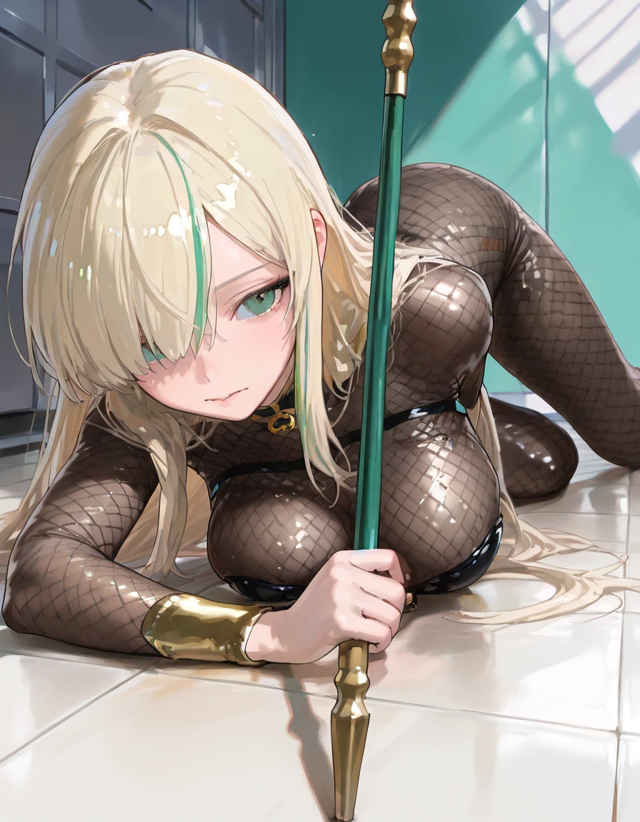 High quality, masterpiece, Tatsumaki, having sex with a man, cowgirl position, riding, naked, pleasured face, full body view, angry look on her face, small breasts, small, high texture tight clothing, one man fucking her pussy with his cock,