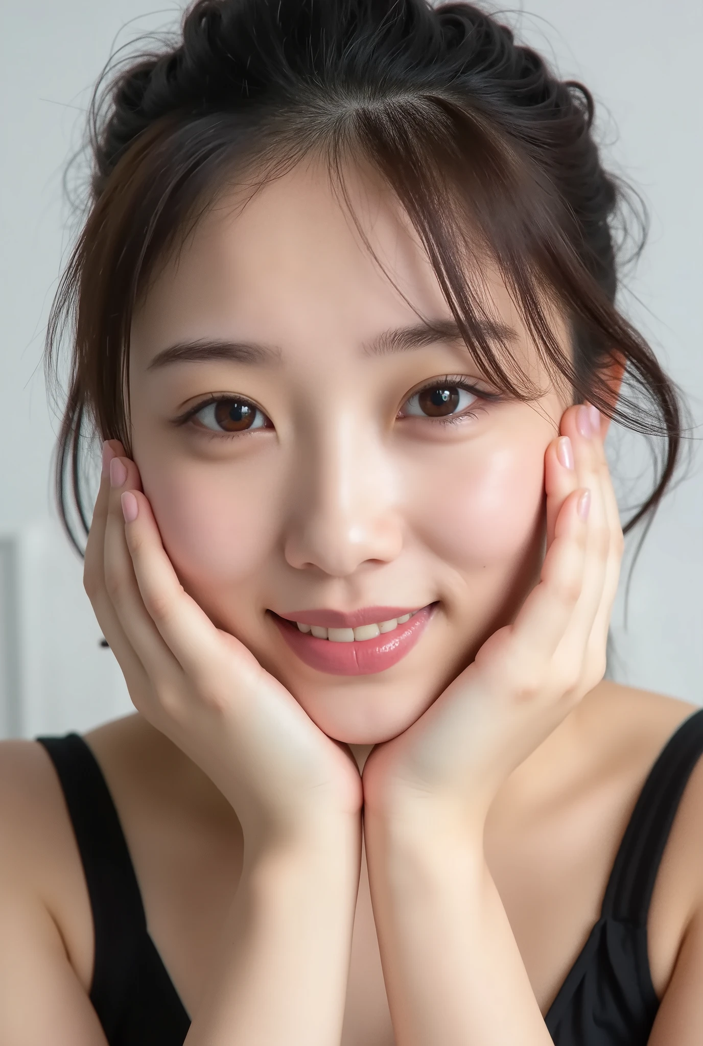 extreme ultra close-up portrait of an adorably beautiful young Japanese woman in her early twenties, photorealistic DSLR macro shot, her whole face fully visible, framed tightly from clavicle up, hands gently curled and placed under her chin in a soft, affectionate gesture, shy seductive posture, head tilted slightly down, chin tucked in, looking up directly with helplessly lovestruck, dopey expression
insanely high resolution, crystal-clear iris with luminous multi-colored reflections, glowing heart-shaped catchlights, moist eyes with puffy tear bags (puffy namida-bukuro), dreamy dazed stare, eyes shimmering with affection and joy, heavy-lidded gaze, eyelashes long and curled, glossy plush lips curled into a big goofy smitten grin, cheeks flushed deeply, eyes slightly teary with emotion, subtly parted lips with a soft breathy smile, no tongue out
incredibly detailed skin texture with realistic pores and fine peach fuzz, ultra-microscopic facial texture, visible soft facial hair lit by soft cinematic lighting, healthy warm sheen of slightly sweaty skin from forehead to collarbone, fine sweat beads visible on forehead and décolleté, natural olive undertone, golden warm studio lighting, gentle bokeh, soft light blooming across her features
no white shirt, only a loosely fitting black camisole slipping slightly on one shoulder, soft one-length silky black hair, tousled naturally, no glasses, cinematic lighting from above and behind, highly emotional atmosphere, pure white studio background, shallow depth of field, dreamy glow, soft bokeh
masterpiece, hyper-photorealistic, emotionally overwhelming, gravure-inspired, ultra-detailed anatomy, extremely expressive face, overflowing sweetness, bashful charm, full facial presence, no anime, no cartoon, no illustration
