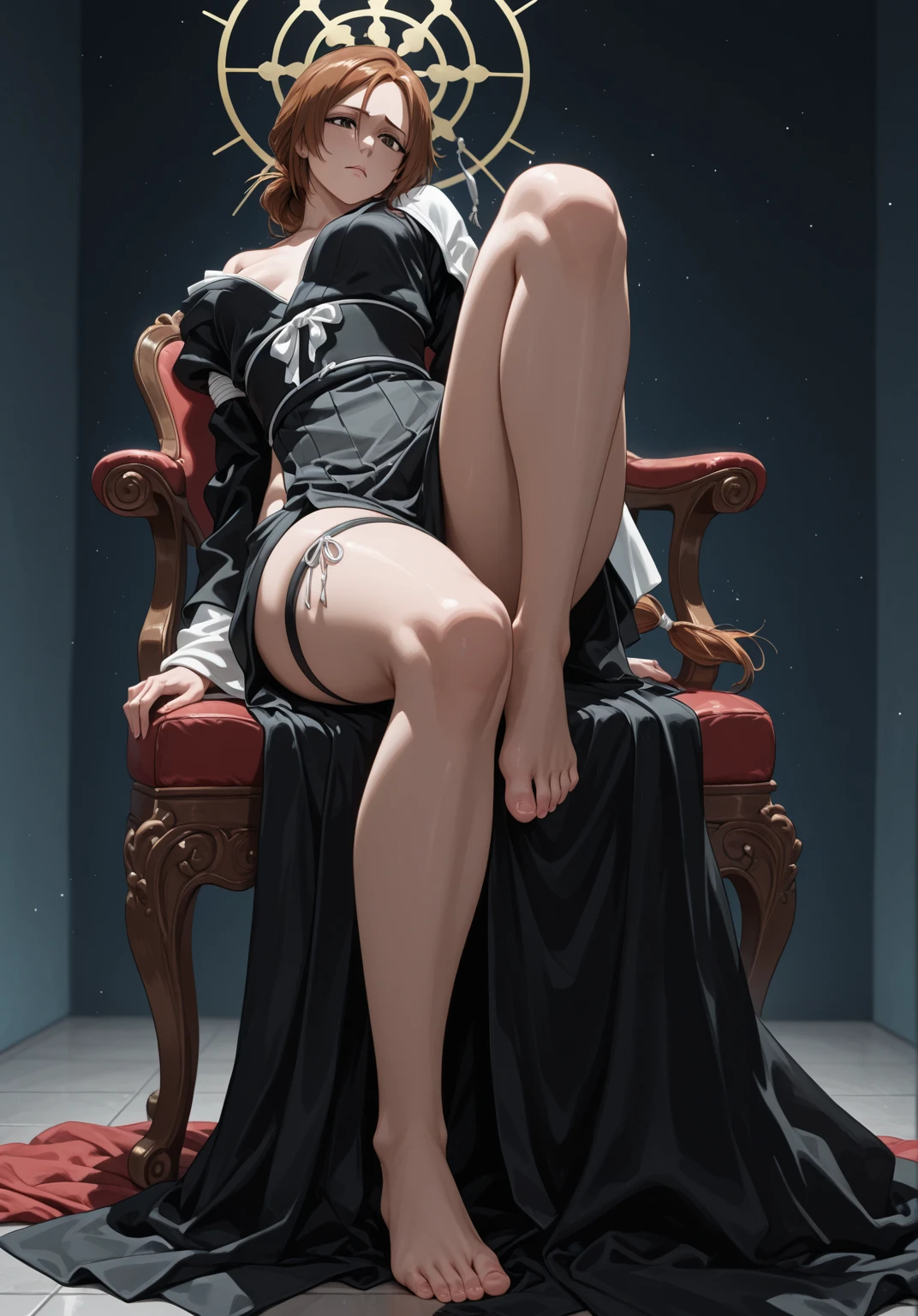 (Epic Showcase Designs in Detail)(Masterpiece, Best Quality, Ultra High Resolution , Digital Art,Beautiful and Aesthetic )Perfect proportions of the body , not an ordinary perspective . ( One Fashionable adult girl with a short oblique bob, slender figure, ) suit in professional performance , long tie , (silk thick threads of red color ) , . The character sits on a large massive leather sofa , an atmospheric pose ,( 2.5D style . realistic anatomy , beautiful perspective . Best image quality , pastel color , focus on the face , well detailed eyes , detailed background in boudoir style . )