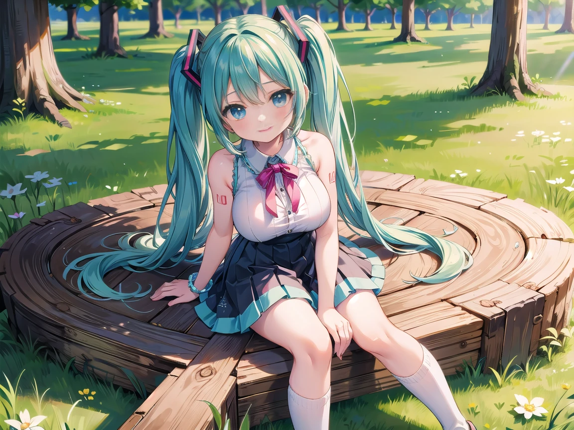 、Kindergarteners、、、、 of、hatsune miku、nature,null, cloud, hatsune miku, embarrassing expression,embarrassing,blush,big breasts,sit with legs apart,striped panties,skirt,open thighs