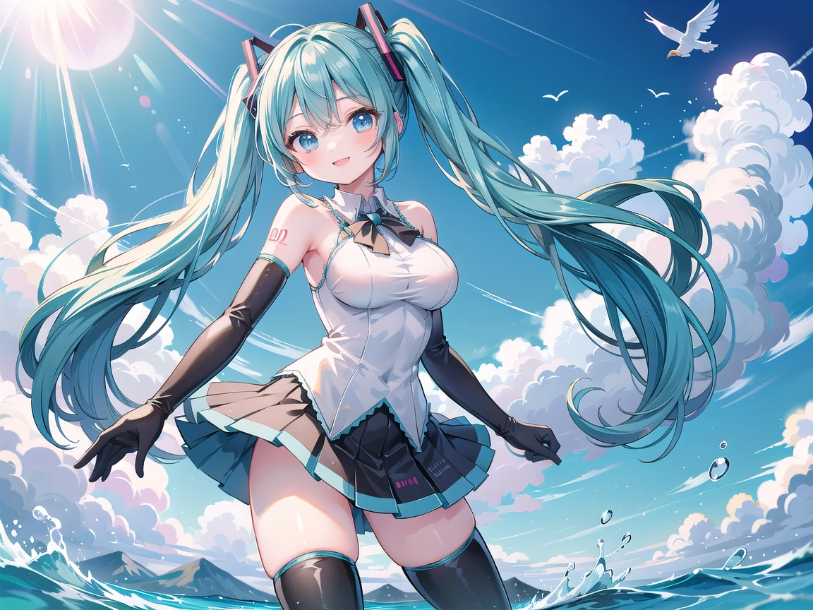 (best quality, masterpiece, high resolution, ultra detailed, illustration, detailed skin, intricate eyes, perfect anatomy, detailed face:1.2), (solo, hatsune miku:1.5), (pretty face, short stature, squinting), BREAK (smile, sweat, blush, open mouth:1.5), (from below, in beach, arm up, wind lifted skirt:1.5), BREAK (solid white blouse with blue edge, solid white sleeveless clothe with blue edge, solid white collar), BREAK (black independent sleeves, black detached sleeves) BREAK (black pleated skirt, skirt hem blue), BREAK (fully exposed panties, blue stripes panties, intricate panties:1.4), BREAK (black thighhigh boots:1.2), BREAK (medium breasts:1.7), (thick thighs:1.8), (swollen areola, erect nipples:1.3)