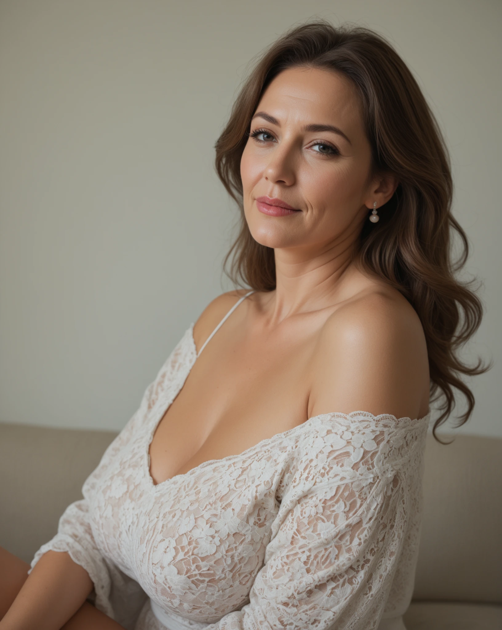 MILF super sexy de 47 ans, gros seins, beaux seins, visage sexy, longs Brown hair, tenant ses cheveux, cheveux dans la main droite, the index finger of the left hand on the lower lip, posant contre le mur, beau corps rond, bassin large, Brown hair, gros, vêtus d' a very small fluffy and silky cardigan in white mink fur, ouvert laissant voir ses deux seins