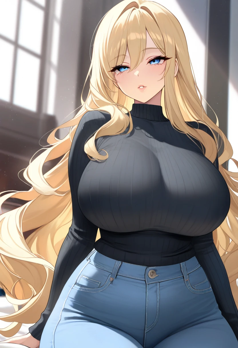 Blonde in lingerie with flowing hair,
