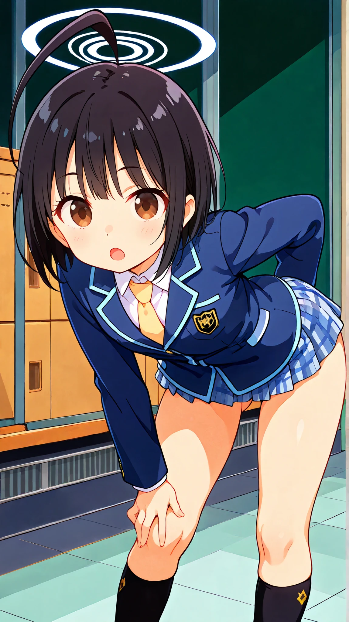 nsfw,((anime style)),score_9, score_8_up, score_7_up,masterpiece, best quality,ultra detail,,huge ahoge, negishi masako , 1girl , ((((((solo)))))),short hair,black hair ,long bangs,brown eyes,(Flat Chest),school uniform,(((blue blazer))),light blue checkered Pleated mini skirt,((((((mini skirt)))))), Yellow necktie,,((knee)),((black sox)),((ass visible through thighs)),(((((contrapposto))))),(A glimpse of her thin thighs) , cute ,((open mouth)),((cute face)),((((leaning forward)))),