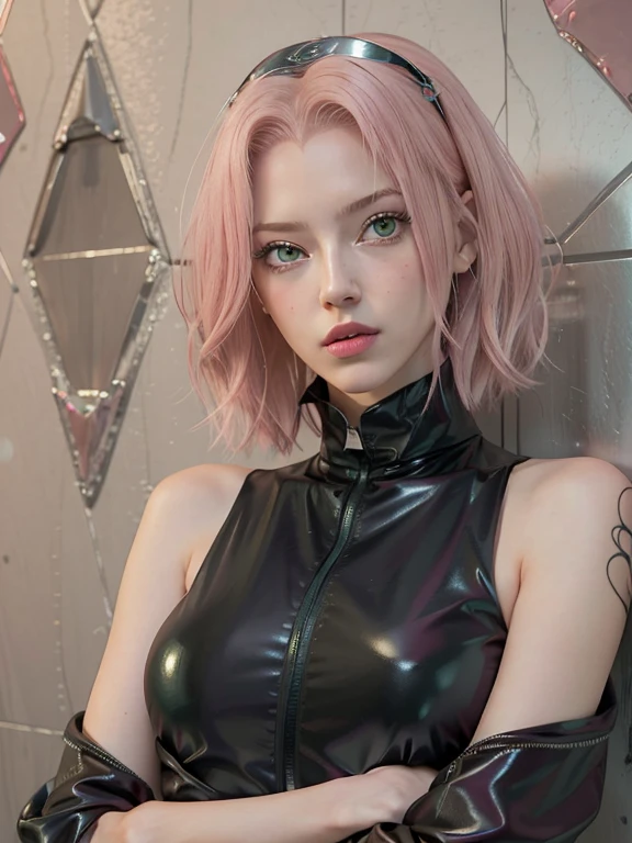 young woman, short shoulder-length pink hair, wide forehead, porcelain skin, pink eyebrows, big emerald green eyes, buttoned nose, full lips, heart-shaped face, slender body, small breasts, leather military green clothing, Sakura Haruno , realistic, Realism, details, 3d, well detailed.