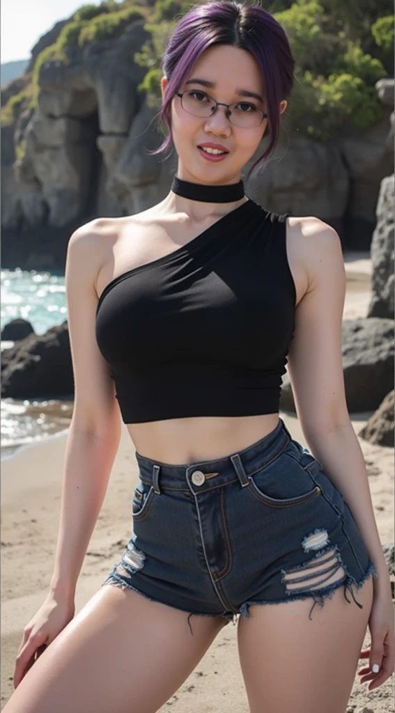 Highest quality、Ultra-high resolution、Live Shooting、Professional Lighting、Detailed Background、Beach、(full body)、25-year-old woman、Rize、(Dark purple hair、Short Hair、Hair tied behind the head)+(Green Eye)+(black ring choker)+(Black one shoulder top:1.6)+(Denim shorts:1.3)、(Large sagging breasts:1.2)、Modest abdominal muscles、(Big thighs:1.1)、((Sweaty skin))、A sloppy smile、Raise your arms to show your sides、Excessive armpit sweat