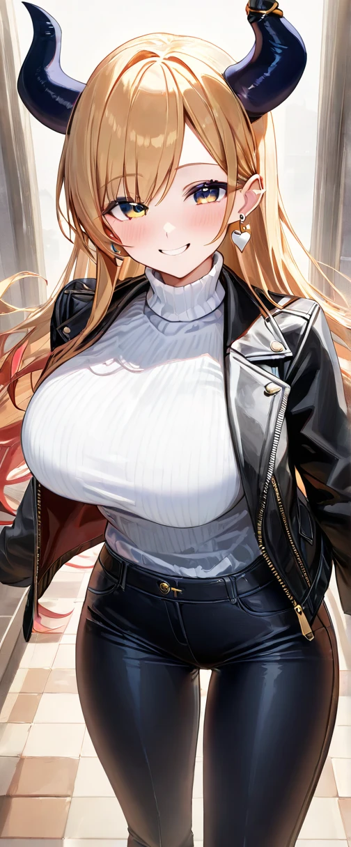 <lora:owari_al:1>owari al, horn, twin braids, front braid,very long hair, blonde hair,dark-skinned female, dark skin, yellow eyes, hair over one eye, large breasts, gigantic breasts, turtleneck sweater,turtleneck, ribbed sweater,  yoga pants, thigh gap, outdoors, grin, smile, arms behind back, upper body