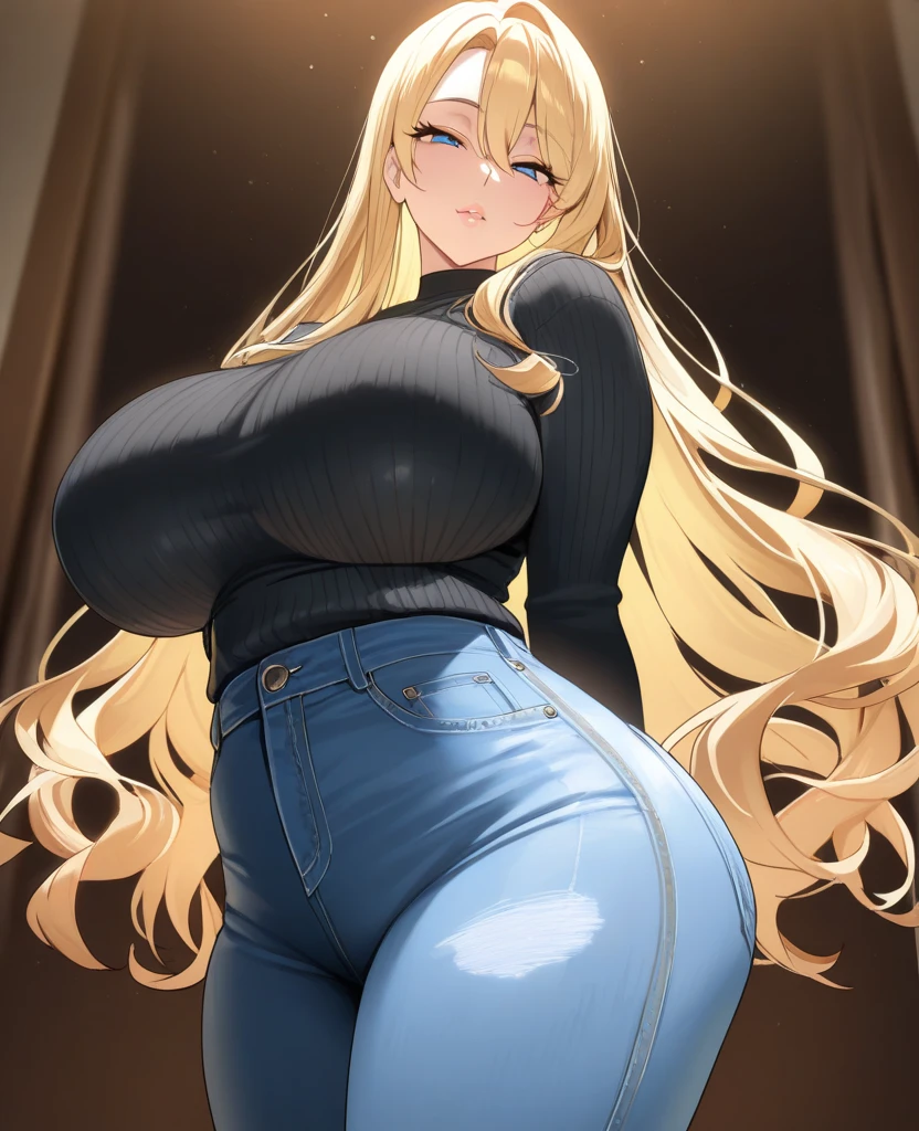 (Uhd, Masterpiece, Textured Skin, Super Detail, High Details, High Quality, Best Quality), Detailed Face, 1woman, mature pretty woman, ((Wide hips, thick thighs, massive huge breasts)), Blonde hair tied up, (Black sweater shirt), jeans, (Huge Body), (Hair tied)