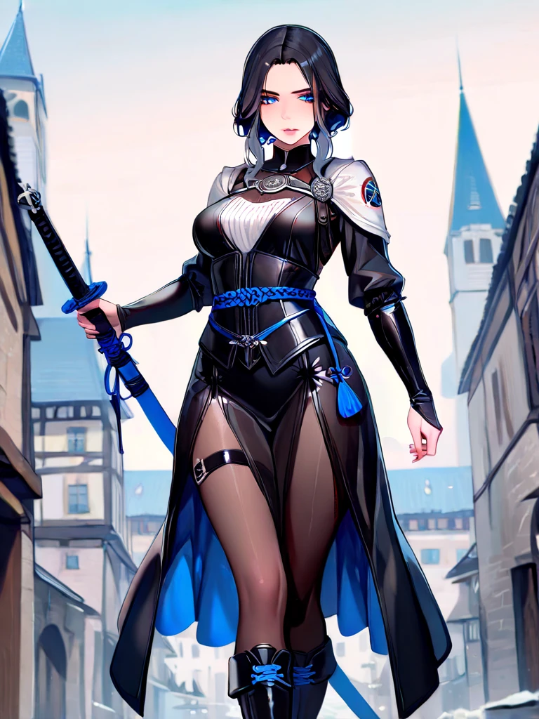 female protagonist, short hair, 18 years old, black hair, hair over right eye, perfect body, round breasts, purple eyes, manhwa, grabbing daggaers, fantasy female assassin, dark pallete, character design, white background, athletic body, long side bang, long leather pants, leather boots, leather belt, cloak, hood, rpg light armor, standing on roof , wearing black hood, mouth covered, leather strip , night fantasy city, front view, facing front