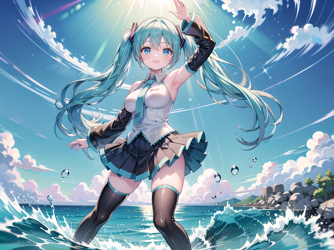 masterpiece, best quality, absurdres, perfect anatomy, 1girl, solo, Miku390, twintails, long hair, beach, palm tree, water, (partially submerged), smile, :d, spread arms, frilled bikini, cute, cute bikini, dynamic pose