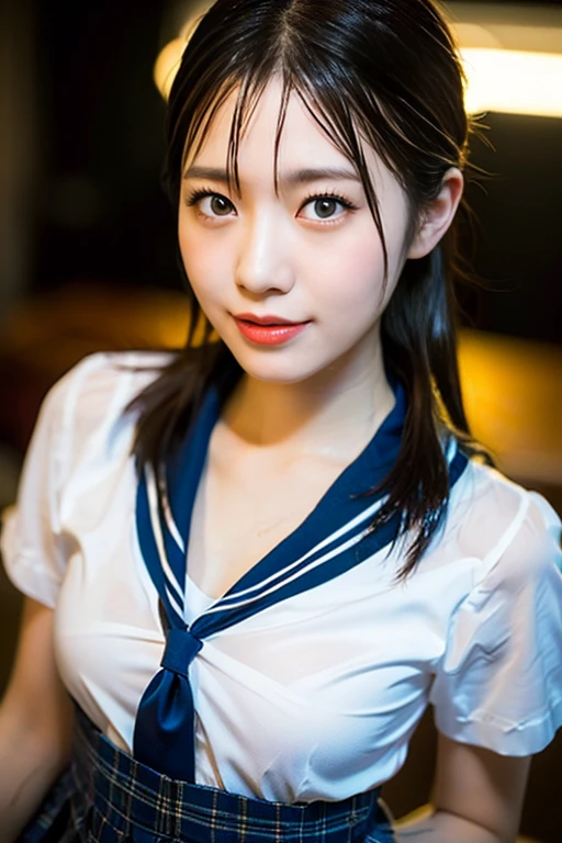 (masterpiece, best quality:1.2), 8k, official art, raw photo, incredibly absurdres, (sailor uniform, serafuku:1.0), 15 years old,highschool student,beautiful girl, pretty face,, short sleeve, gardenia, violaceaess, (short ponytails:1.3),teen, classroom, looking at viewer, no makeup, film grain, chromatic aberration, sharp focus, facelight, dynamic lighting, cinematic lighting, detailed eyes and face, bokeh background,(cowboyshot:1.3),(small brests:1.2),(skinny:1.2),(smile:1.2),(school swimsuit:1.0),(fullnude:1.0),(show pussy:1.4),(bottomless:1.6),(fullbody:1.3),