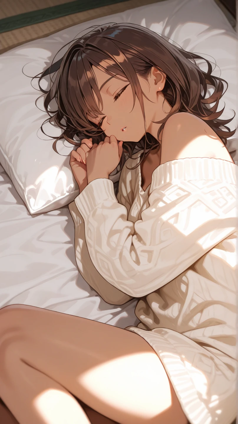 {{masterpiece,best quality,absurdres}} ((solo.1girl))((upper body))(anegasaki nene)((He lies down on the bed in his room and snuggles up to me(lying))),(((Off-the-shoulder sweater dresses))),While looking here、Smiling shyly(blush)、(big breasts)、hi-school girl