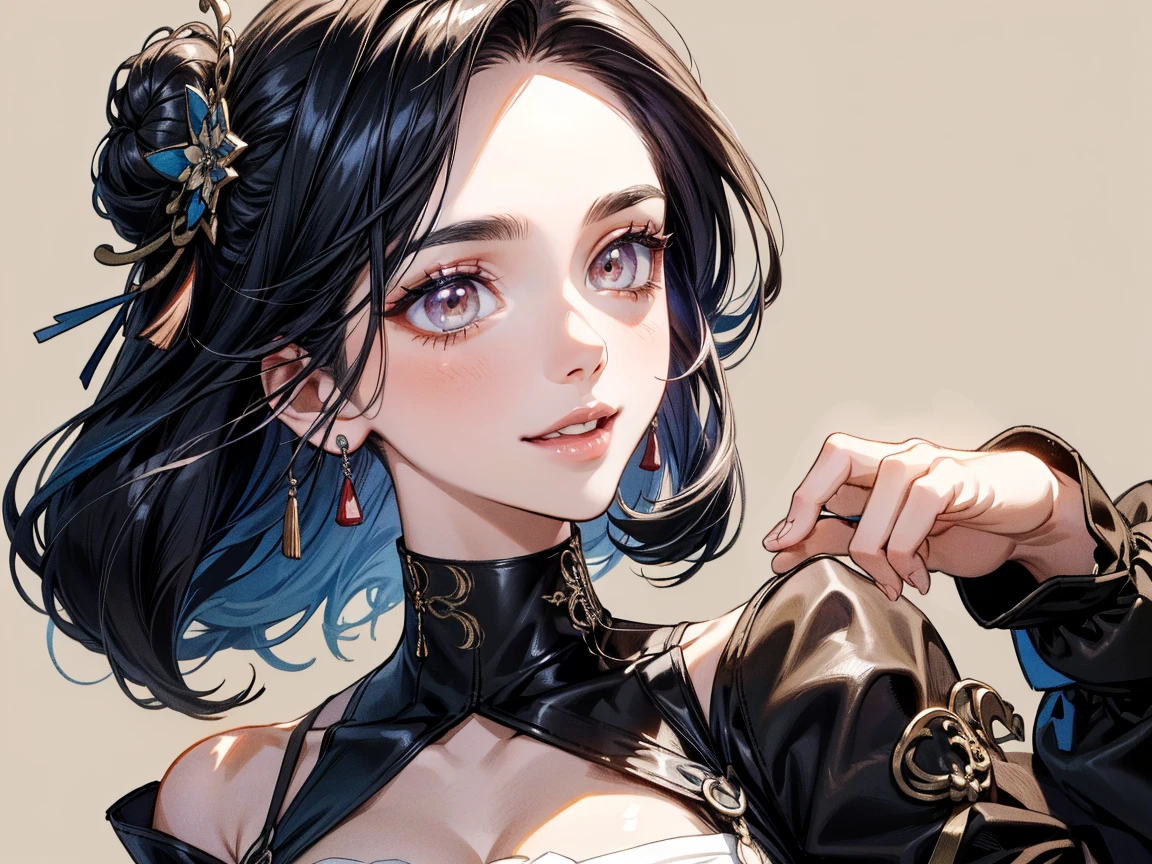Black eyes, a bun, black hair, black eyes, goose egg face, clear and atmospheric facial features, coiled hair, single bun, hair all coiled, blue butterfly shaped hairpins, trench coat, high school, tall, fit, confident, powerful, energetic, full of details, correct details, official quality, handsome, domineering, powerful aura, mysterious, magic background