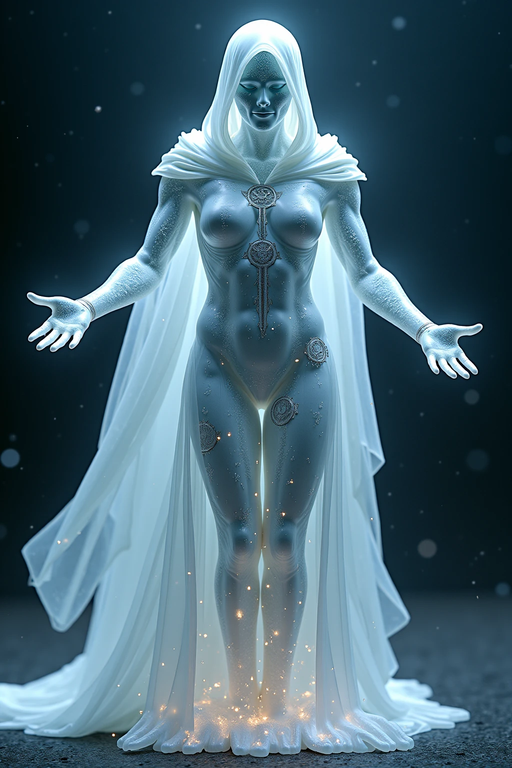 (masterpiece, top quality, best quality, official art, beautiful and aesthetic:1.2), (1girl:1.3), dark blue hair in braid, extremely detailed, portrait, looking at viewer, solo, (full body:0.6), detailed background, close up, (cool science fiction space theme:1.1), ((((blue skin)))), extremely busty sorceress, charlatan, mysterious, casting spells in space, four arms, revealing white robes, fingerless gloves, long gloves, glowing magical energy, blindfold, elaborate headdress, golden ceremonial tiara, sheer white fabric, elegant robes, skirts, streamers, cowl, cape, sandals, bracers, ((((extra arms, gigantic breasts, cleavage, skindentation)))), slim waist, slim hips, long legs, athletic, SPACE, futuristic moon, (space exterior:1.1) background, dark mysterious lighting, shadows, magical atmosphere, dutch angle