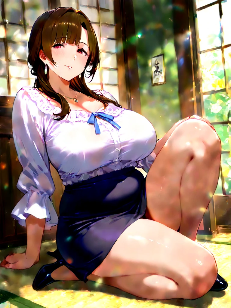 masterpiece,ultra detailed,hyperrealistic anime,(mature woman:1.2),plump seductive woman,(tareme:1.2),thick lips,long black hair,blunt bangs,wavy hair,tube top frilled blouse,pleated skirt,see-through stole on shoulder,make-up,squatting and spreading legs,peeing on glass at public park,sweaty,look at viewer,,(pubic hair),peace sign,breathing out,aroused and happy,trembling,crossed eyes