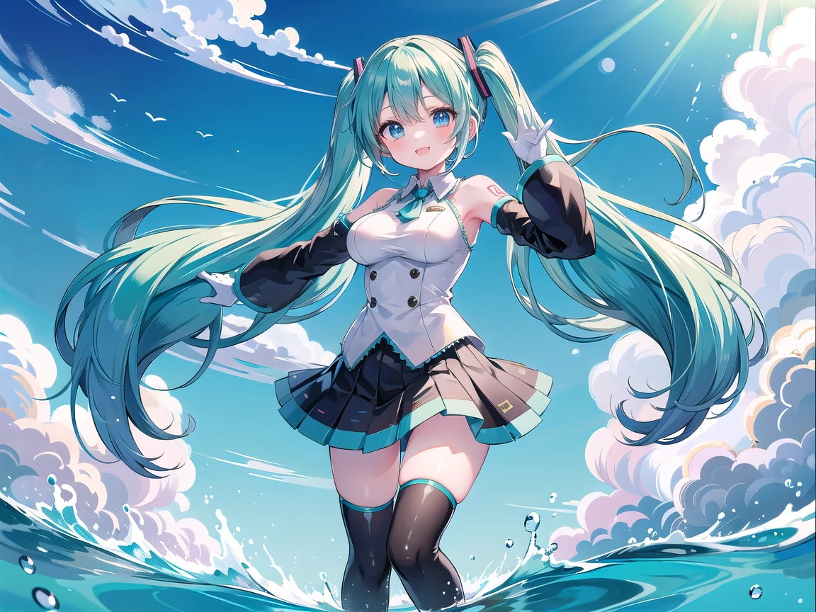 teens girl、Light blue twin tails、miku hatsune、skirt by the、ren、kawaii、With background、top-quality、1girl solo、a smile、Eau、Transparency