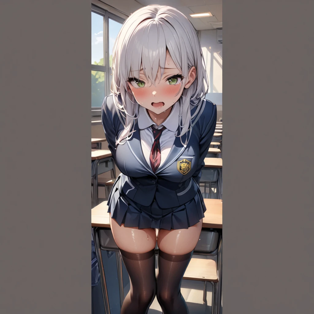 highest quality、masterpiece、((1 girl:1.5))、(())、(blush:1.5)、(smile:1.5)、((fun!!))、cute、dog ears、(silver hair)、、high school girl、((classroom:1.5))、()、、Kamimei、look at me、(No panties:1.3)、((shaved pussy:1.5)), ((red bow tie, , black jacket, open jacket, white cardigan, white shirt, black skirt, plaid skirt、black socks))、 (No panties:1.3)、((shaved pussy:1.5))、(highly detailed closed labia:1.5)、((pee is coming out:1.8))、peeing、light blue eyes、long hair