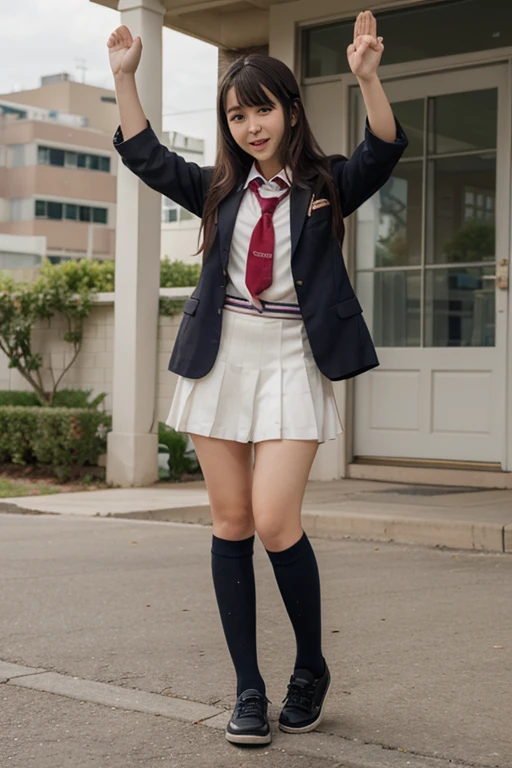 Japanese、18-year-old、high school girl、Navy blue blazer uniform、Red checkered mini skirt、Crouching and waving with both hands