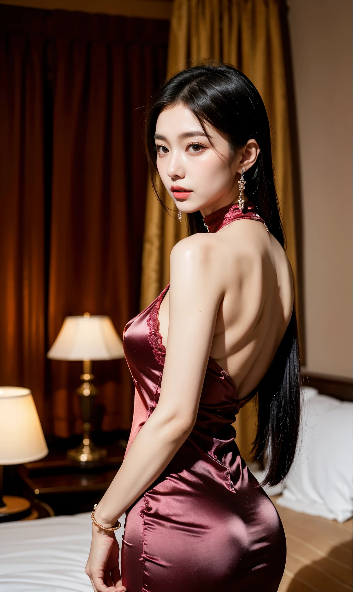 (Extremely meticulous CG),(((8k))),wallpaper,(Portrait above the chest:1.3),((Extremely refined and beautiful)),(((Masterpiece))),(((best qualtiy))),(((Ultra High Resolution))),beautiful light up,realistic shaded,(Smooth and flawless fair skin:1.5),(Extremely exquisite facial details:1.2),(ultra-detailed:1.5),((a beautiful girl,solo)),(shoulder length straight bob hair:1.3),(small head:1.2),(princess crown:1.2),(slender face:1.2),(Exquisite makeup:1.3),(smiling:1.2),(laughing:1.2),(blush:1.3),(perfect body:1.2),(earrings:1.2),(crystal necklace:1.3),(Bracelet:1.2),(Gorgeous red Gothic ruffled evening dress:1.5),((slim,thin)),(bare back:1.3),(towering hips:1.3),(slender legs:1.2),(nude pantyhose:1.5),(from back:1.3),(Sitting on the bed:1.3),(butt crack:1.3),(In a luxurious hotel bedroom:1.5),(Extremely luxurious decoration:1.5),(warm neon lights:1.3),(indoor:1.2),(Cyberpunk style:1.3),(detailed background:1.5),(night scene:1.5),(upper body:1.3),
