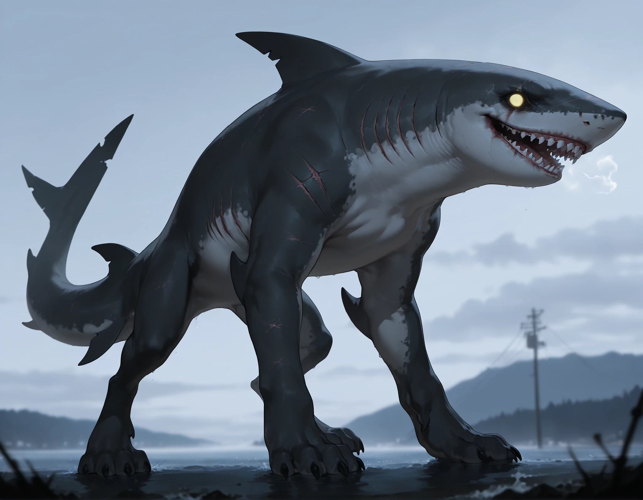 masterpiece, best quality, amazing quality, very aesthetic, absurdres, newest, scenery, extreme detail, 8k, feral, strong body, shark, solo, gray color, empty eyes, yellow eyes, by Riolutiny, scars like stitches, friendly and approachable appearance, with soft rounded features, body is predominantly gray with a white underbelly, toothy smile, standing on paws, spooky, horror, standing on all four, background simple and neutral