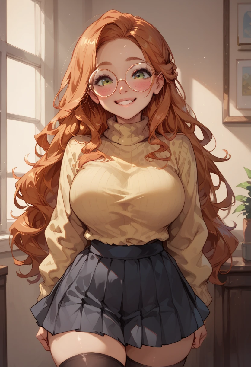 cute red head, solo, half body, long ginger hair, large breasts, wide hips, blush, happy smile, yellow turtleneck sweater, black pleated skirt, black stockings, standing, indoor