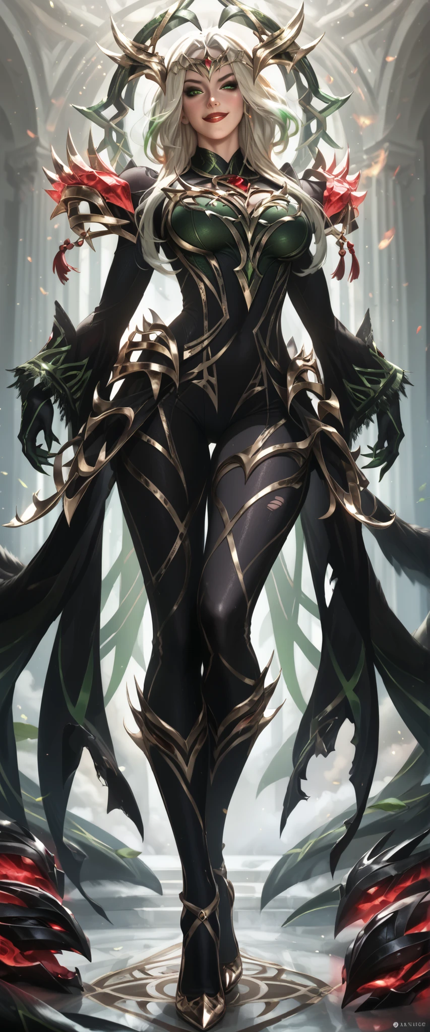 score_9, score_8_up, score_7_up, score_6_up, hela_rivals, 1girl, solo, bodysuit, armor, green eyes, helmet, spiked helmet, green details, big breasts, black bodysuit, nipple bulge, torn bodysuit, red lips, long legs, full body, high heels, claws, shoulder armor, sexy, ((standing, front view, sexy position, sexy pose, extremely detailed art. smile.