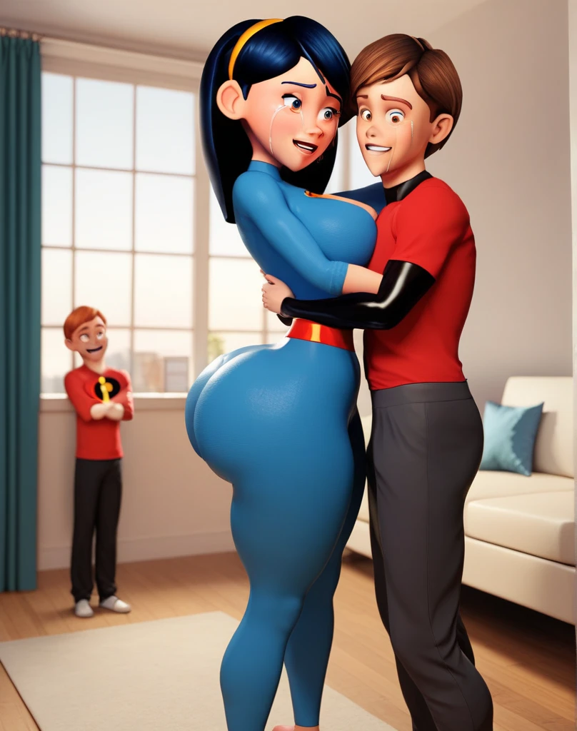 NSFW Maddie fenton, raping her son, a sexy milf, mature body, realistic anime artwork with intricate details and colors, masterpiece, wearing a skintight blue bodysuit accentuating her curves, half cleavage her breasts tightly squeezed by her clothes, a young premature boy is forcibly held against her body, orange hair, bobcut, no panties, curvy toned physique with big breasts and ass and tiny waist, wicked horny look in her eyes, a wicked grin of dominance on her face, dominating boy, dominant, fucks boy against his will, rapes a young boy, holds boy against his will, forcing boy to cum, the boy is desperate and intoxicated with maddie