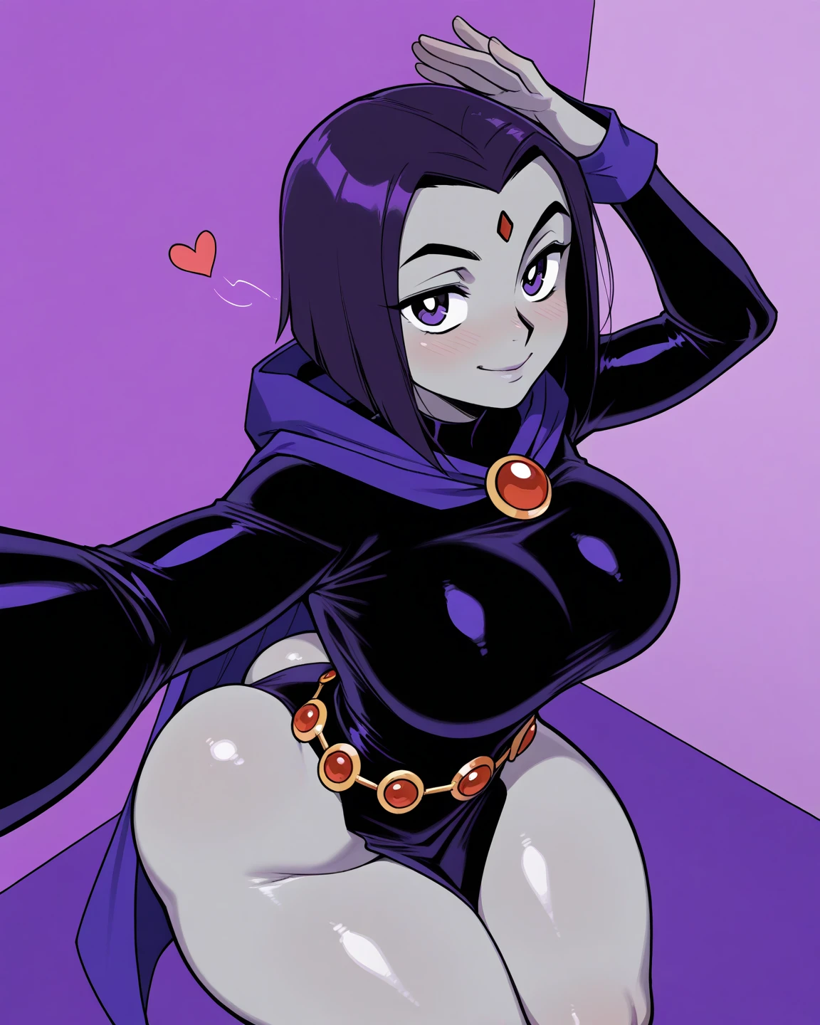 1girl, solo, Raven from Titans, short hair, purple hair, purple eyes, red jewel in forehead, medium breasts,boots, ((skin tight leotard, black leotard,long sleeves, thong leotard, latex leotard, )), ((wide hips, thick thighs, large ass)) cowboy shot,looking at viewer, serious face, shiny skin, oily skin, sitting on bench, spread legs, (swimsuit aside, leotard aside, pussy, exposed pussy)