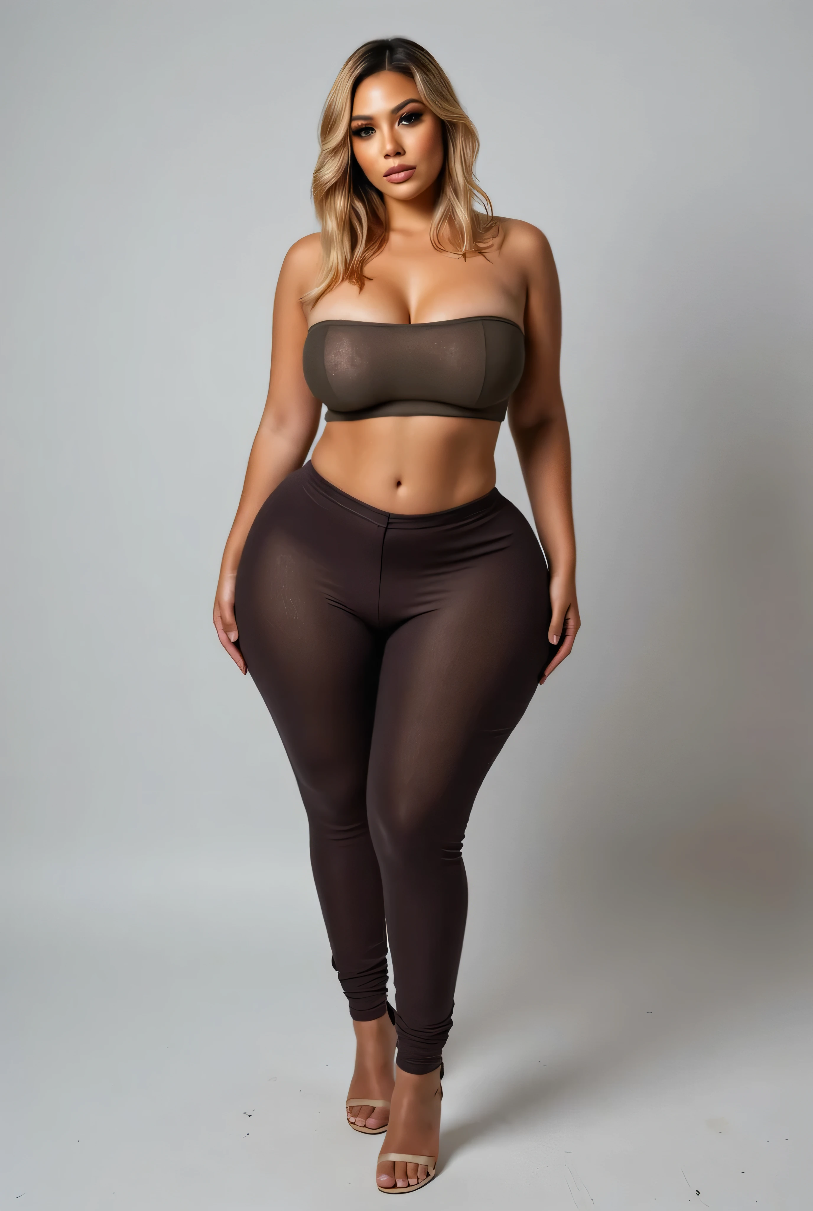 (RAW Photo, Best Quality), (Realistic, Photo Realistic: 1.3), Best Quality, Highly Detailed, Masterpiece, Hyperdetail, Realistic photo shot,(( beautiful  light skin woman)), Golden blonde wig ombré bob Hair ,  curvy body,   , ((( fashion erotic casual outfits , fashion white  high heels ))), standing straight,  front  view  ,((full body)) , , , plain background 