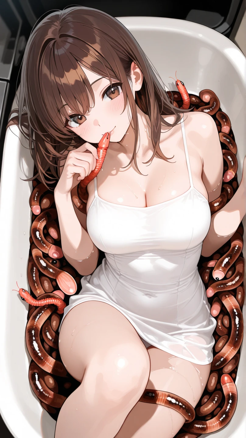 Woman inside the body of an earthworm,The upper half of the body is sticking out from the tip of a large earthworm.,The body of the earthworm has been distorted into the shape of a woman&#39;s body.,Big Breasts,areola is quite large,Half naked,Sex,ミミズの胴体部分で男性に巻き付いてSex,Dark circles around the eyes,She has her mouth full of a man&#39;s penis