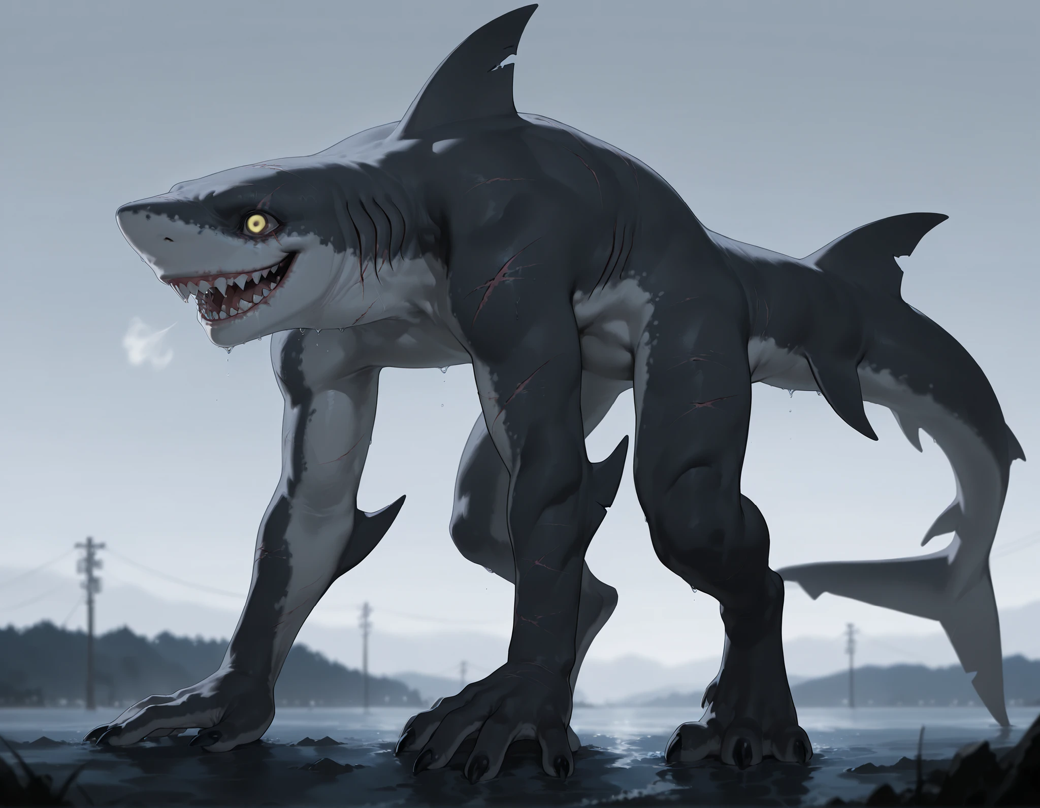 masterpiece, best quality, amazing quality, very aesthetic, absurdres, newest, scenery, extreme detail, 8k, anthro, shark, solo, gray color, empty eyes, yellow eyes, by Riolutiny, scars like stitches, friendly and approachable appearance, with soft rounded features, body is predominantly gray with a white underbelly, toothy smile, standing on paws, spooky, horror, standing on all four, background simple and neutral
