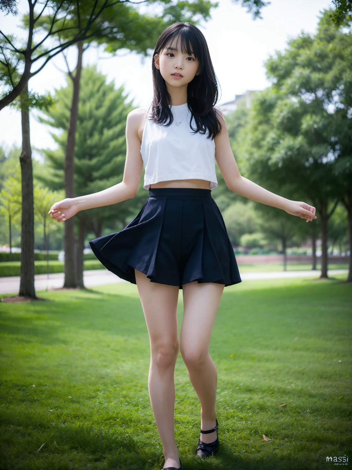 Knees，Pleated miniskirt，white  shirt，a navel，A 12-year-old girl，An amusement park，A dark-haired，lonely