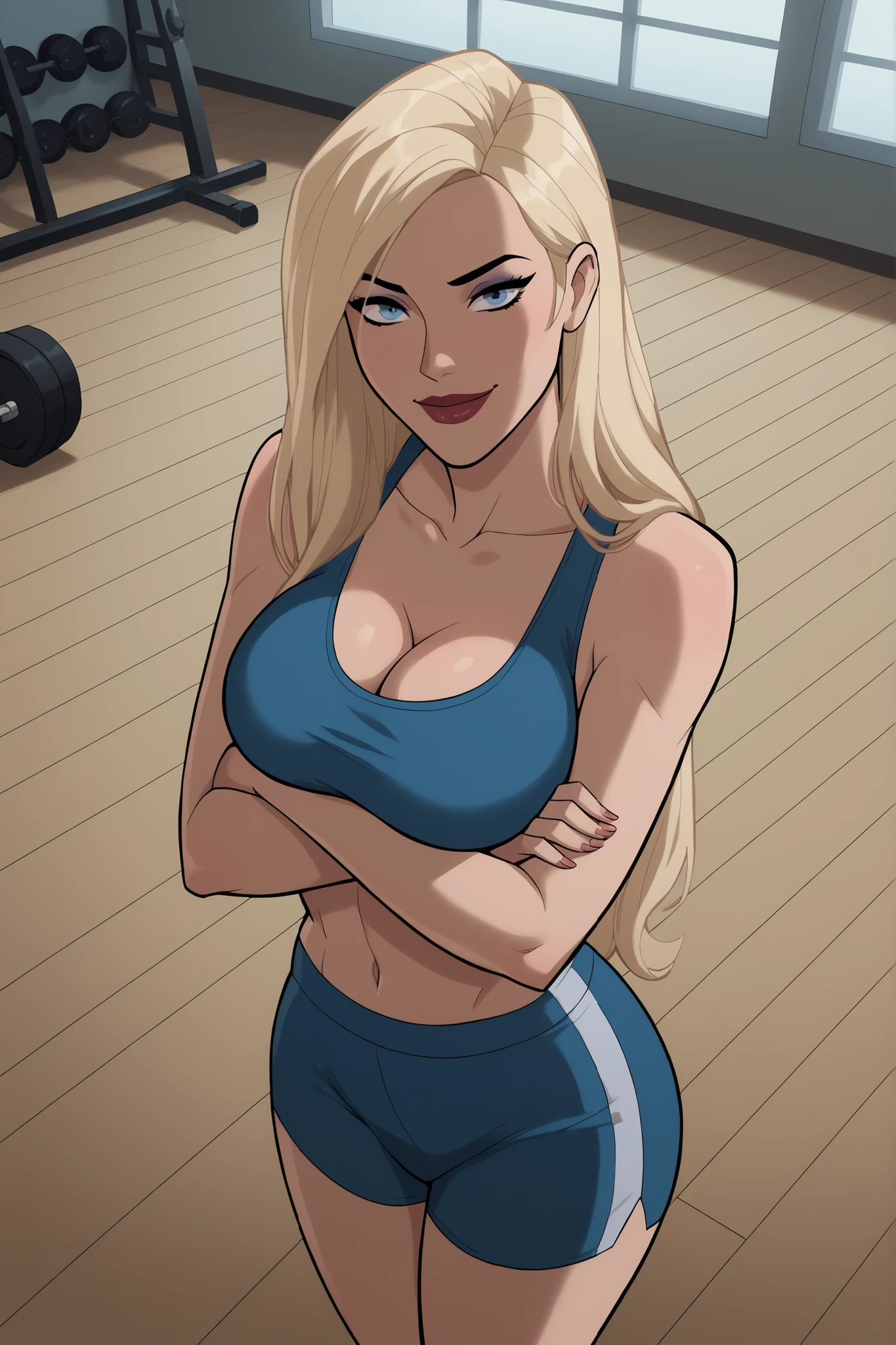 BREAK, safe_pos, score_9, score_8_up,score_7_up, score_6_up, 1girl, solo, blonde hair, long hair, blue eyes, large breasts, smile, closed mouth, makeup, lipstick, looking at viewer, cleavage, curvy, athletic, sultry expression, bedroom eyes, indoors, gym, blue sports bra, red workout shorts, standing, high-angle view, arms crossed, crossed arms 