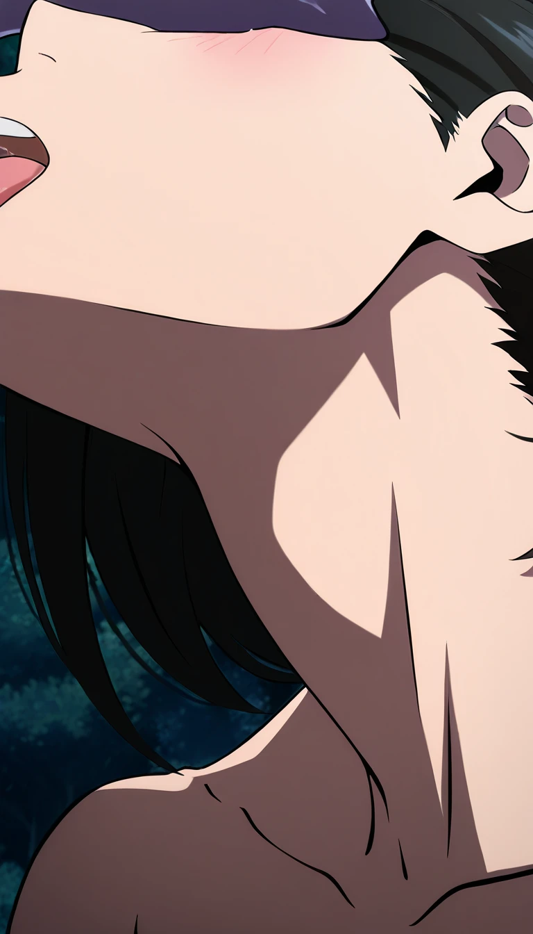 One girl, masterpiece, High resolution, Anatomically correct, ponytail, Blushing, blue eyes, tongue, Back view, ribbon, far and near method, Anime Style, Black Hair,