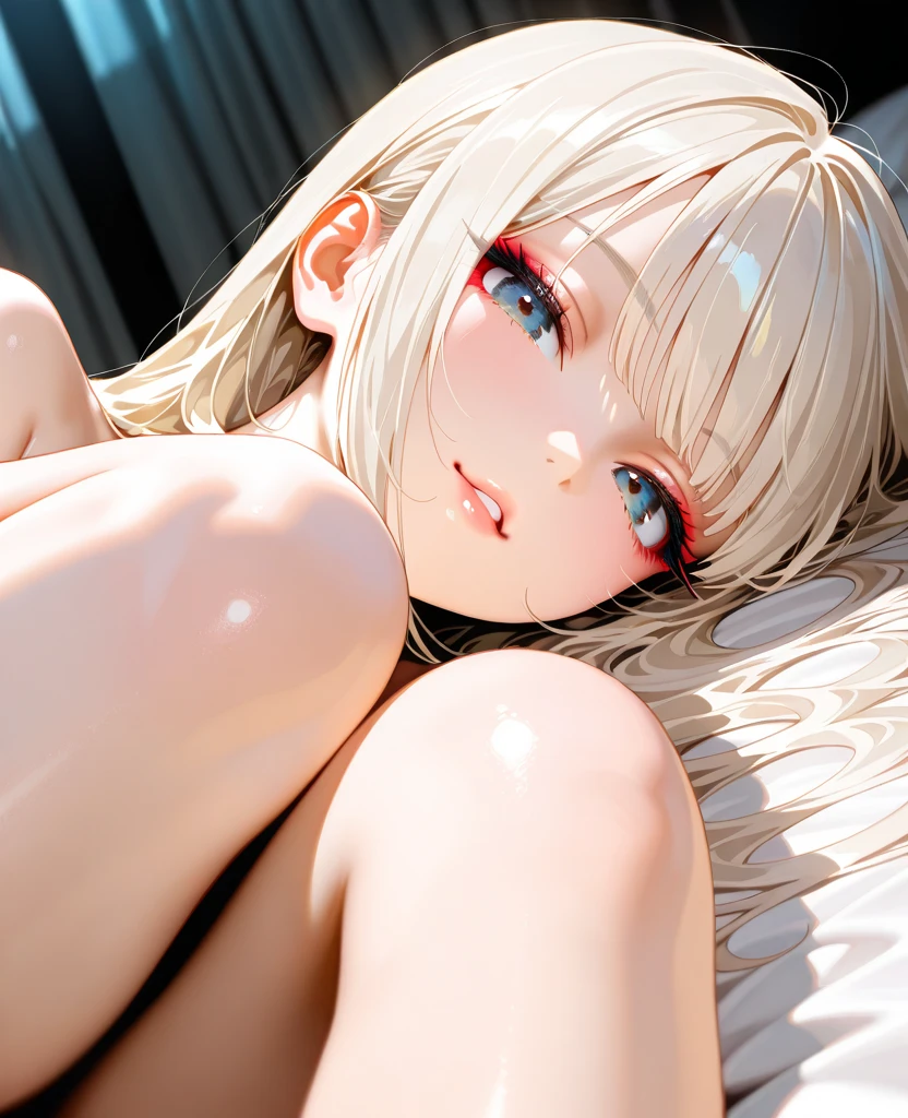 (A beautiful and cute 20-year-old adult woman、Sexy and very beautiful cute face、beautiful, cute and sexy eyes、Long hair beautiful red silky shiny hair、shining、 beautiful light blue big eyes、beautiful skin、The luster of young skin on the cheeks、beautiful double eyelids、wet skin:1.2)、(Eyes open, looking at the viewer:1.7)、pcv,lie on one’s back、(sleeping on one&#39;s back in bed:1.5)、(lying on back:1.5)、(Put your head on the pillow:1.1)、full body、naked、nude、not wearing anything、(face forward:1.2)、(put your arms behind your head:1.5)、don&#39;t show your hands、(don&#39;t show your fingers:1.5)、nsfw、very long legs、(completely nude:1.7)、(arms behind back:1.2)、chisato nishikigi, short hair, bangs, blonde hair, (red eyes:1.5), hair ribbon, one side up, bob cut,