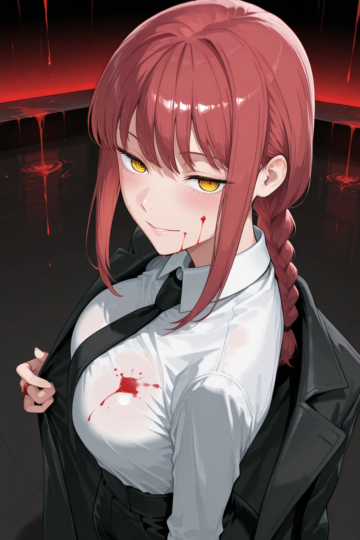 masterpiece, best quality, 1girl, beautiful, slim, long hair, red hair, beautiful woman, mature woman, royal queen, sitting, rope, shibari, bondage, suspension, spread legs, chains, hands bound behind her back by thick ropes, bound by many ropes, white shirt, long sleeves shirt, collared shirt, black necktie, bangs, huge breasts, breasts covered in shirt, arms bound behind her back, perfectly drawn feet, perfectly drawn toes, perfectly drawn hands, perfectly drawn fingers, both hands tied behind her back, both arms tied behind her back, perfectly drawn eyes, makima \(chainsaw man\), long sleeves shirt, long braided hair, golden eyes, glowing eyes, crying expression, crying, tear, high definition, thick chains, many chains, old warehouse, broken, dirty, night, dark, helpless, feeling hopeless, (blood in her nose), (blood on her face), ((blood on her lips, blood in her nose, blood on face)), ((blood in mouth)), (open mouth),  (left eye closed), ((non-nude)), office lady unifrom, (long black trousers), ((non-nsfw)), (full legs covered in long black trousers), (blood on shirt), looking at the camera, (revealing cleavage),