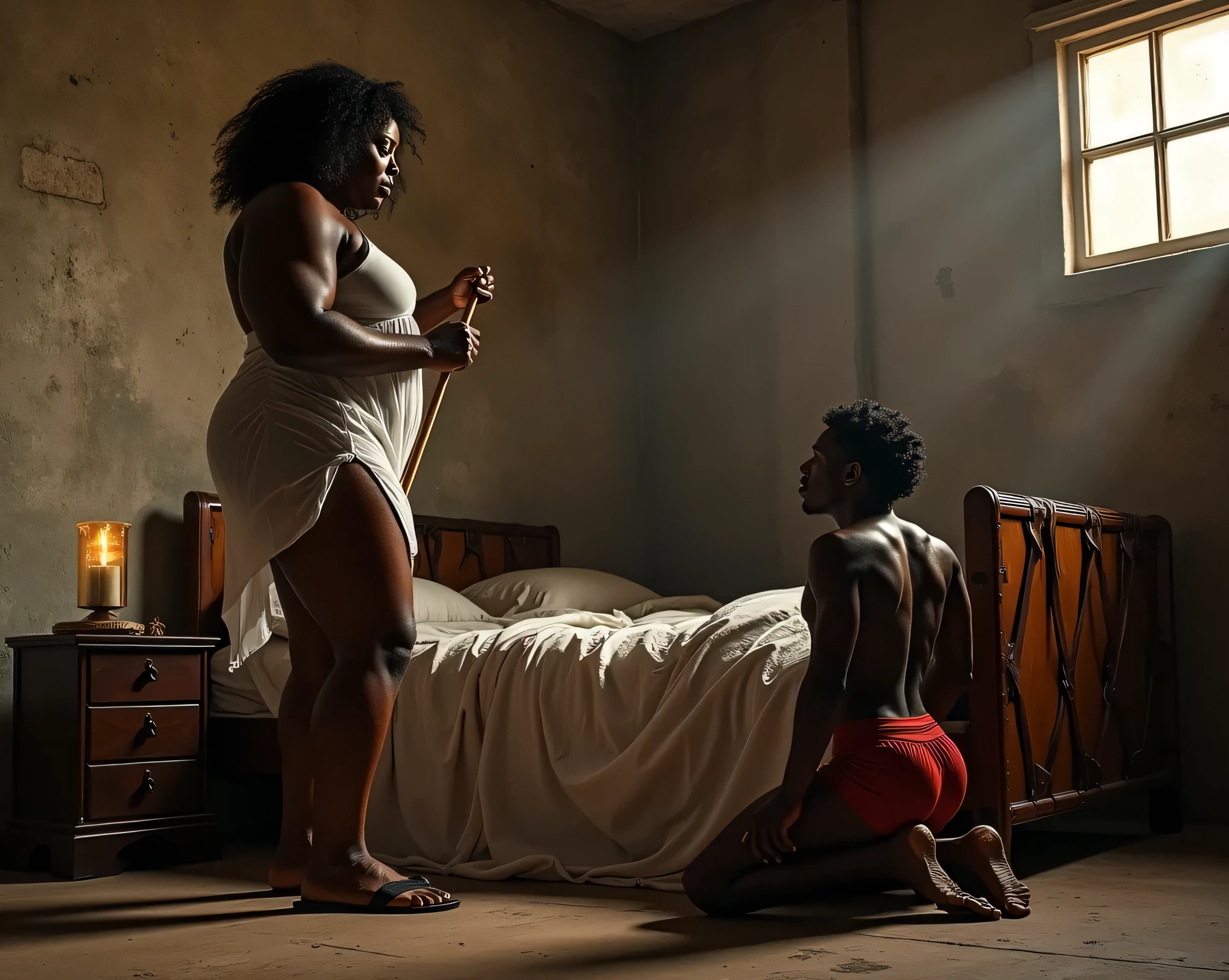 A dark-skinned, muscular African woman with kinky hair, broad hips, and thick biceps dominates a small, naked Sudanese young man in a dimly lit concrete basement. She wears a sheer white nightgown straining against her powerful thighs, and she wears flat leather sandals and holds a sjambok cane. One hand is holding the cane high while the other is akimbo, veins visible as she glares at him and stands next to the bed pointing at the young man. The young man is kneeling next to the bed and removing his underwear to expose his naked butt as she points the bed with the whip-cane. He is to be completely naked with no shoes.
Key Considerations: Exposing his hairless body and chubby buttocks. Leather straps and belts cover the bed. Femdom scene, power contrast: her massive gym-toned physique vs. his fragile frame. Hyper-detailed, dramatic lighting, raw intensity. She is wearing flat leather flipflop sandals holding a thin sjambok cane. The bed is completely made of leather and has a leather head rest and is high. She is pointing the cane at the bed for him to lie. One of his legs is up as he removes his underwear.  He is dark like a Sudanese. He is in the process of removing his underpants as he prostates begging and crying.  She is much bigger than him. She is wearing a sheer nightdress. the young man has shaggy hair. Their complexion is very dark. Note: He's completely naked, She is wearing a transparent sheer nightdress and leather flipflops. He is lying prostate to kiss her feet. She is strong and a bit stout. He is short with shaggy hair and kissing her toes submissively. She has leather flat flip flop leather slippers. Her sheer nightdress is transparent. The woman is much bigger in size like a giant in comparison to the young man. Sheer nightdress and flipflops. She is stout and gigantic and strong