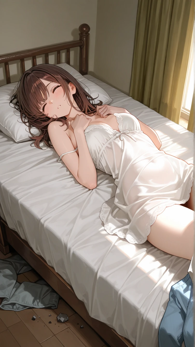 Sleeping on the bed、Lying on your back、girl with、Brown hair、Pink pajamas、Unbuttoned chest、Hair long、
