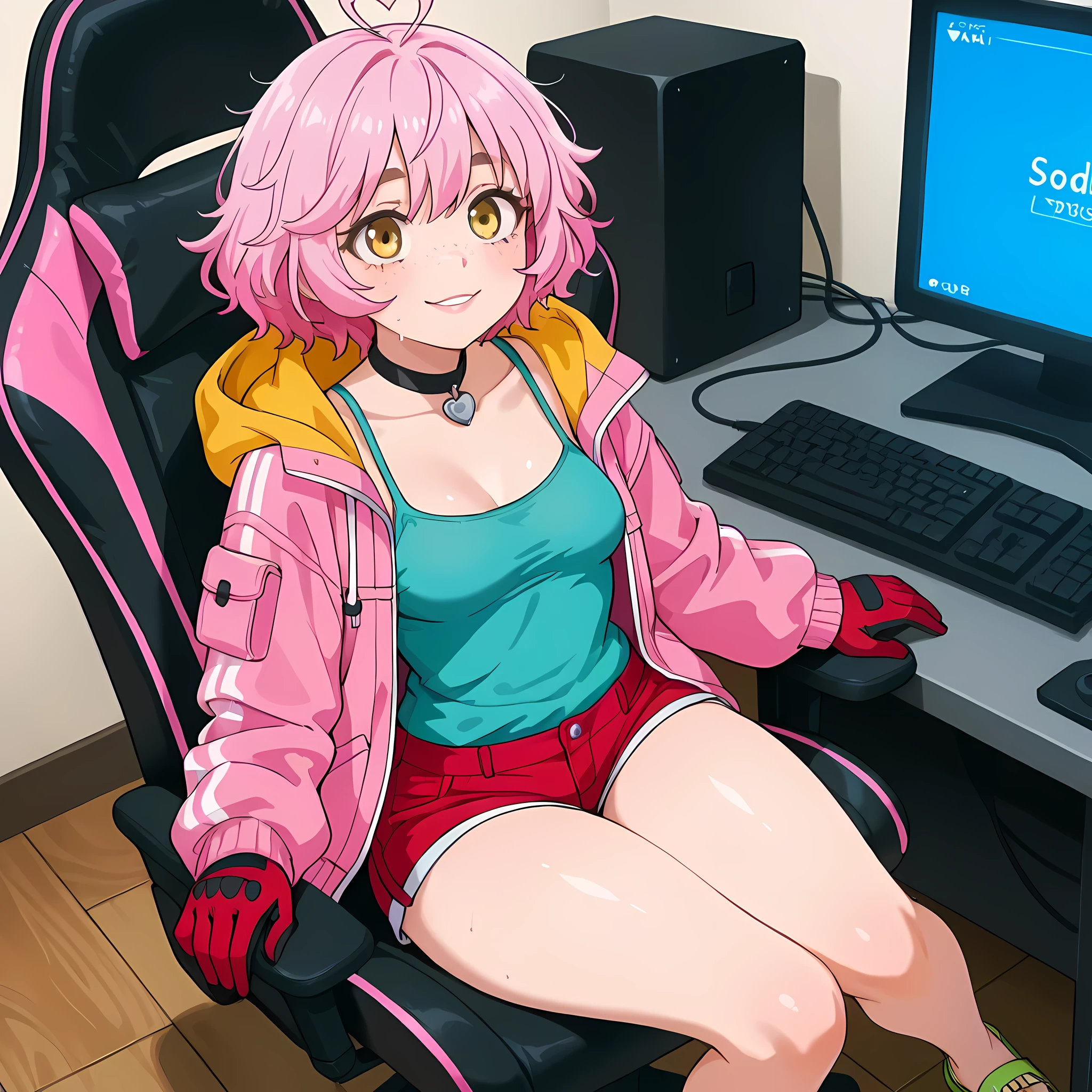 (high front angle), ((anime skin texture, perfectly detailed scenery, best image quality, full HD, perfectly detailed appearance, perfectly detailed eyes, 1woman, woman sitting in front of a high-tech computer with three monitors, hacker information on the monitors, orange gaming chair, female bedroom, snacks thrown on the computer desk, soda on the gaming chair stand, salty cheeks):1.10), {Cindy Aurum/シドニー・オールム}:((1woman, look of excitement, cyan hair with pink braids:1.2, short messy hair, adult body woman, twenty years body woman, oily skin, freckles:1.05, yellow eyes with black star pupil:1.05, medium thighs, small butt, small breasts, kawaii smile, green sandals, cyan tank top:1.05, red denim mini shorts with ruffles on the edges, pink denim jacket with orange hood, perfect lips, toothy smile, cyan gloves, joystick pendant choker:1.05, panting, average arms and legs, cyan circular eyebrows:1.2, heart-shaped ahoge:1.2, two-tone hair color:1.2, light pink hair on the bottom:1.05)),