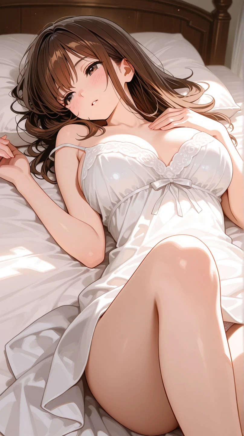 (masterpiece:1.2, Highest quality, Ultra-high resolution, Super detailed), (Realistic, photoRealistic:1.4), Beautiful illustrations, (Natural Side Lighting, Cinema Lighting), View your viewers, 1 Girl, Japanese, university student, Perfect Face, (Perfect Anatomy), Cute and symmetrical face, Shiny skin, thin, (Half Up Hair, Light brown hair), Swept-apart bangs, Brown eyes, Droopy eyes, Big eyes, , (Large Breasts), Beautiful Hair, Beautiful Face, Beautiful attention to detail, Beautiful clavicle, Beautiful body, Beautiful breasts, Beautiful thighs, Beautiful feet,(from above:1.44),(lying on back:1.44),(naked:1.22),(Vagina),(pubic hair),(looking Viewer:),((Home,in room)),(bed room),(on bed),(sad),(blush),(spread legs