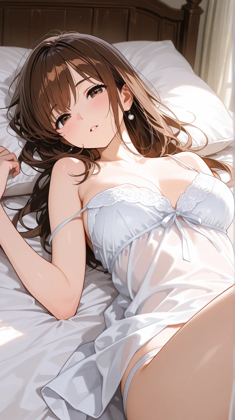 masterpiece, beautiful illustrations, highest quality, pretty girl, 1girl, Bedroom, pastel colour, (two-separated lingerie), cute lingerie, reddish brown long hair, headband, bright lighting, presenting, looking at viewer, on bed