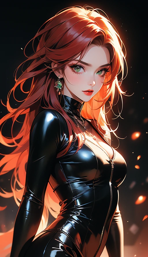 Best Quality, Masterpiece, (Realistic: 1.2), 1 girl, slim girl, red hair, brown eyes, front, detailed face, beautiful eyes, brown eyes, big eyes, small breasts, cleavage, long dress